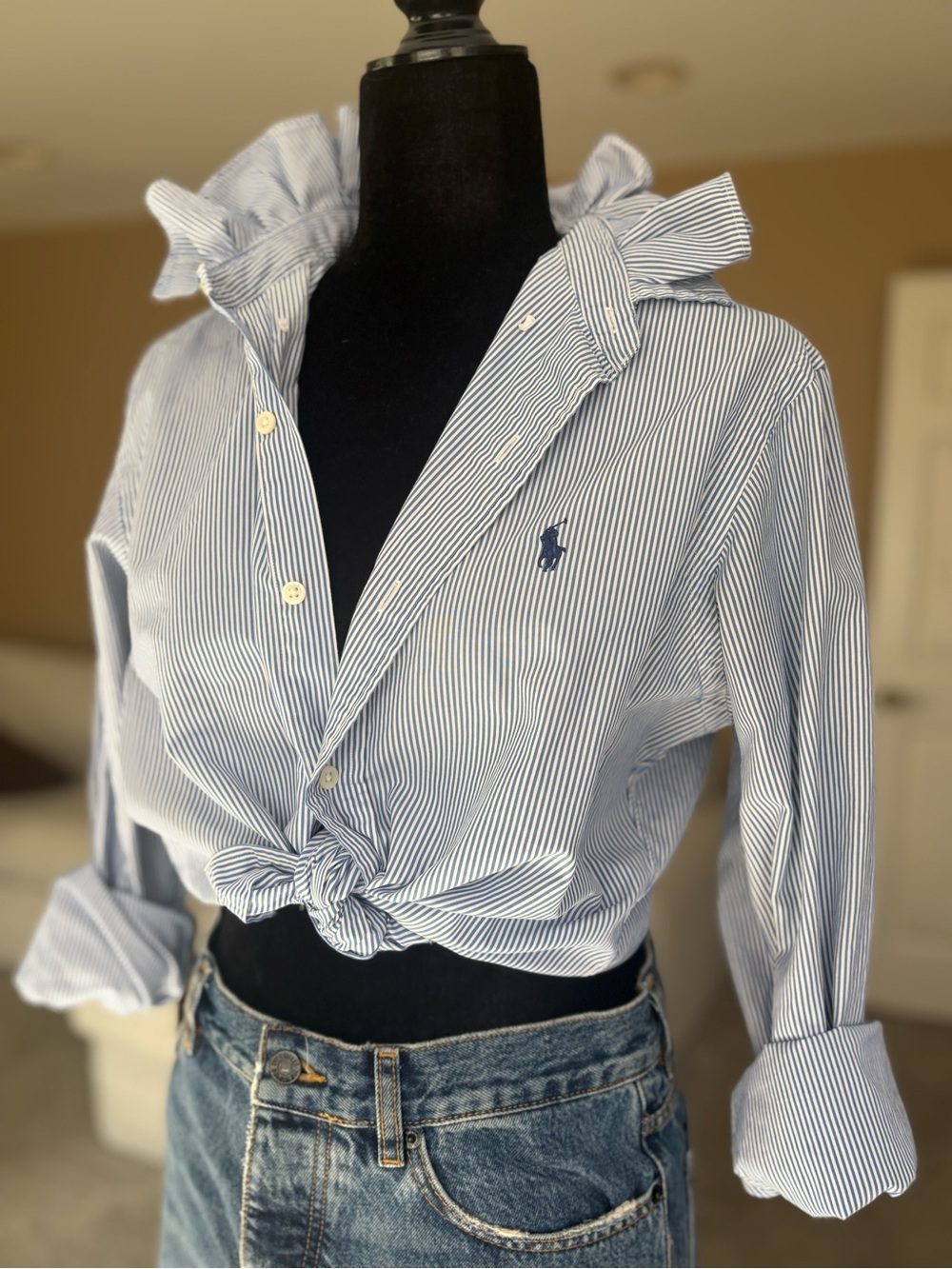 Reworked Ralph Lauren Blue Stripe Cotton Button-Down Shirt Size S